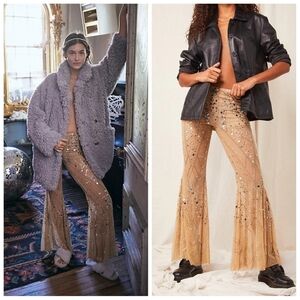 Free People Center Stage Embellished Flare Pants In Nude Size Small